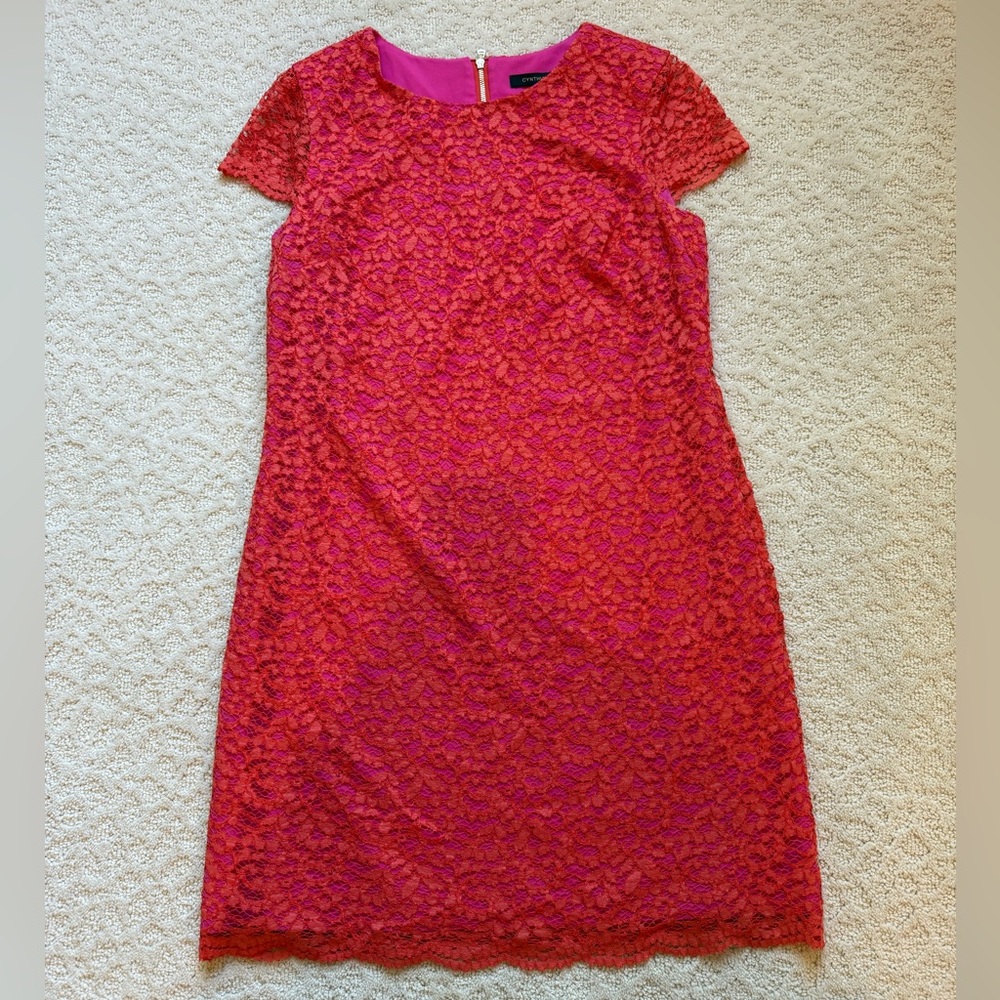 Cynthia Steffe Neon Coral Lace Dress | Size 6 | Hot Pink Lining | Party Sheath